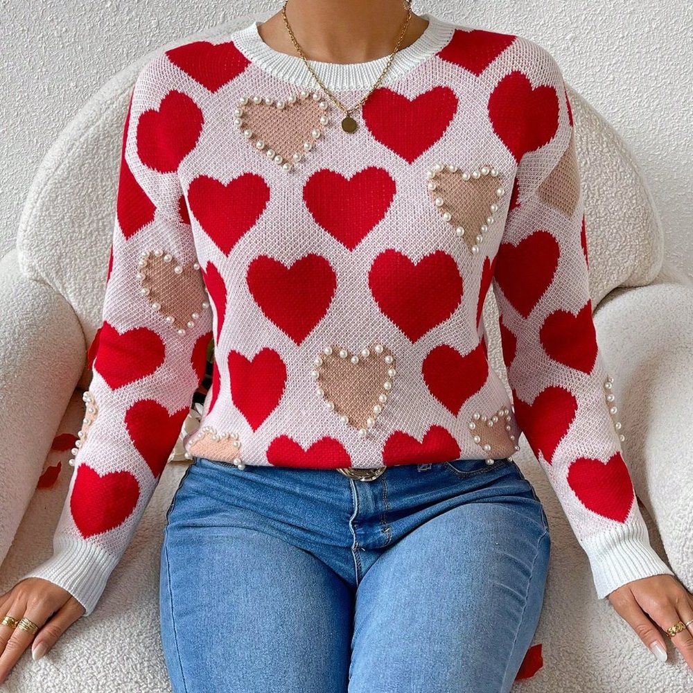 Red Casual Womens Heart Embroidery Beaded Pullover Sweater - Picture 5 of 5